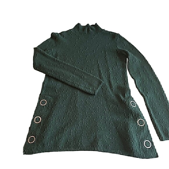 Max Studio Pullover, Long, Snap Sides, Hunter Green, Mock Neck, Nubby Knit, Sm - Picture 2 of 7